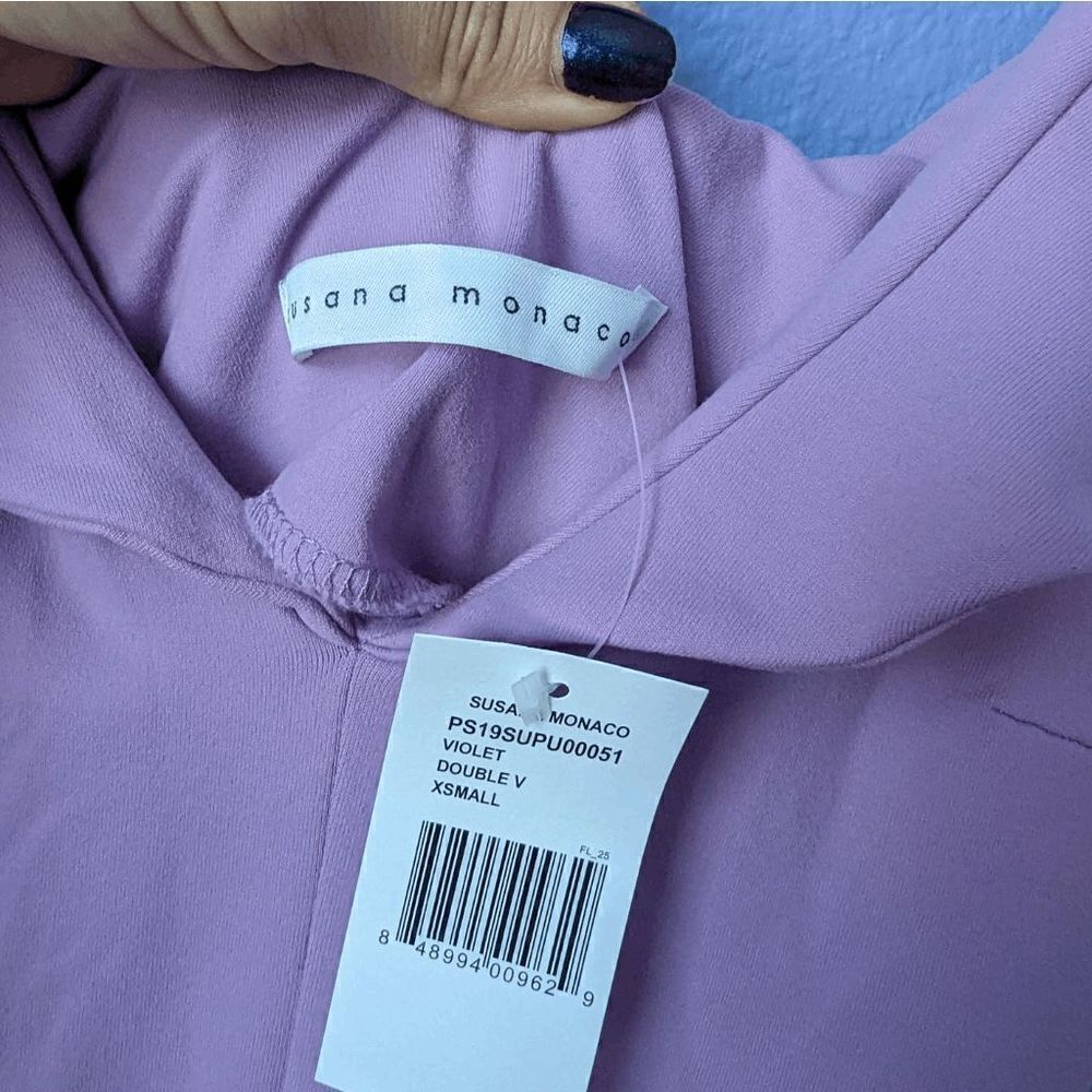 NWT Susana Monaco Violet Jumpsuit Ruffle Shoulder Wide Leg Stretch Nylon Spandex - Picture 8 of 9